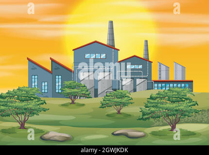 Un arrière-plan de coucher de soleil d'usine Illustration de Vecteur