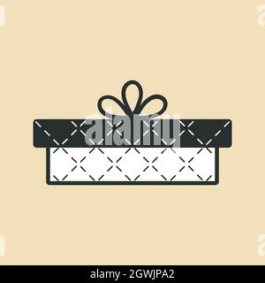 Cadeau, icône de boîte cadeau. Vecteur. Bourre noir et blanc, motif diagonal décoratif, noeud Illustration de Vecteur