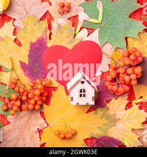 Cœur en papier rouge, forme d'une maison en bois sur des feuilles d'automne séchées et des baies rowan orange multicolores Banque D'Images