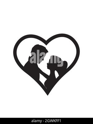 Couple silhouettes en forme de coeur isolé sur fond blanc, vecteur.Homme et femme amoureux.Un design romantique pour le mariage.Art mural, au fait Illustration de Vecteur