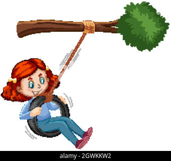 Fille jouant le swing de pneu sous la branche sur fond blanc Illustration de Vecteur