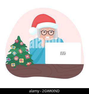 Bonne humeur avec un chapeau de Noël regardant un ordinateur portable. Vieille femme avec des lunettes parlant en ligne. Communication de vacances avec la famille Illustration de Vecteur