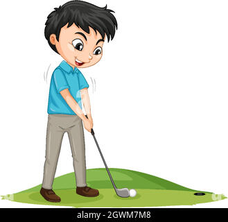 Personnage de dessin animé d'un garçon jouant au golf sur fond blanc Illustration de Vecteur