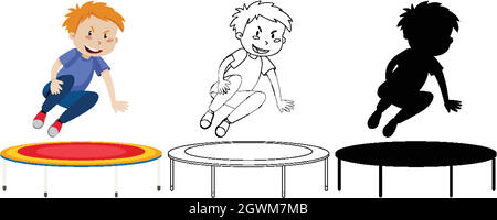 Garçon sautant sur le trampoline avec son contour et sa silhouette Illustration de Vecteur