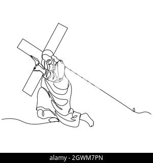 Une seule ligne continue art doodle spiritualité croix, crucifixion Jésus Christ .image isolée d'un contour dessiné à la main sur un fond blanc Illustration de Vecteur