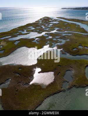 Des canaux étroits serpentent à travers un marais salé de Pleasant Bay, Cape Cod, Massachusetts. Cet habitat de terres humides est un terrain d'alimentation vital pour la faune. Banque D'Images