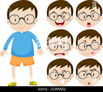 Petit garçon avec des lunettes et de nombreuses expressions du visage Illustration de Vecteur
