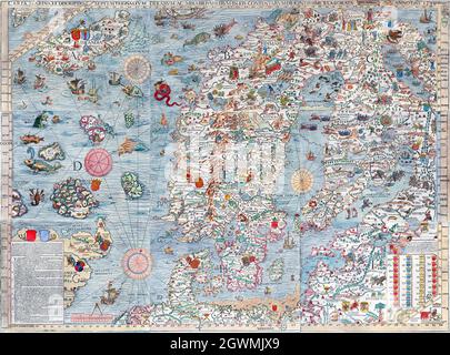 Carte de Suède 1572 Carta Marina - géographiae stvdioso typographvs, colorisé Banque D'Images