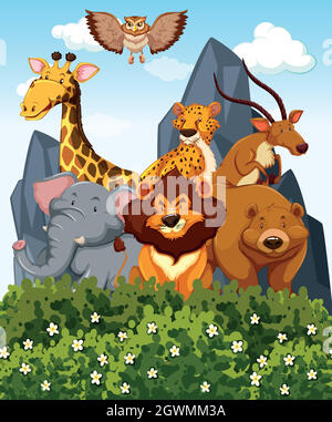 Scène avec de nombreux animaux sauvages dans le parc Illustration de Vecteur