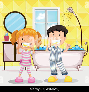 Un garçon et une fille se brossant les dents dans la salle de bains Illustration de Vecteur