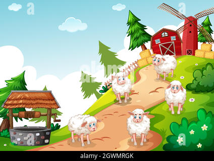 Ferme d'animaux dans la scène de ferme dans le style de dessin animé Illustration de Vecteur