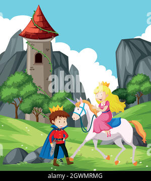 scène fantaisie avec prince et princesse Illustration de Vecteur
