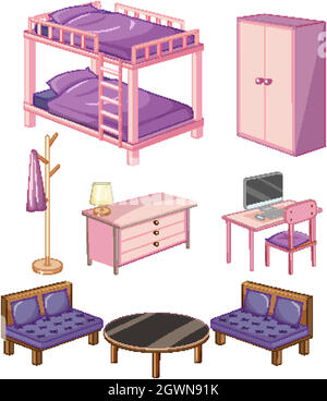 Mobilier de chambre objets isolés sur fond blanc Illustration de Vecteur