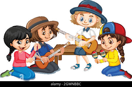 Groupe de filles jouant différents instruments sur fond blanc Illustration de Vecteur