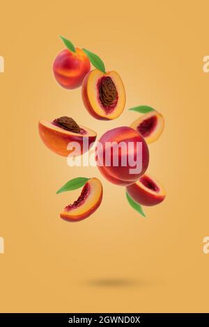 Des nectarines fraîches et mûres - des pêches aux feuilles vertes qui se levent sur fond jaune. Concept minimal créatif de la lévitation alimentaire. Banque D'Images