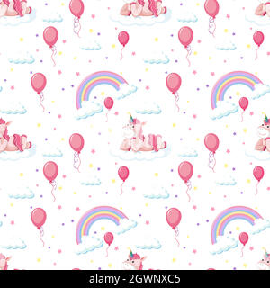 Motif sans couture adorable licorne avec arc-en-ciel et ballon Illustration de Vecteur