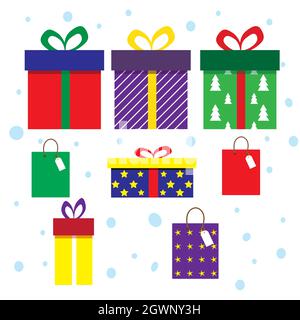 Lot de boîtes de noël multicolores avec cadeaux Illustration de Vecteur