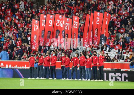 Ambiance avant match lors du championnat de France Ligue 1 match de football entre le LOSC Lille et l'Olympique de Marseille le 3 octobre 2021 au stade Pierre Mauroy à Villeneuve-d'Ascq près de Lille, France - photo: Laurent Sanson/DPPI/LiveMedia Banque D'Images