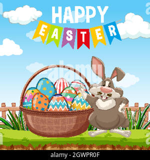 Affiche pour pâques avec lapin de pâques et œufs dans le jardin Illustration de Vecteur