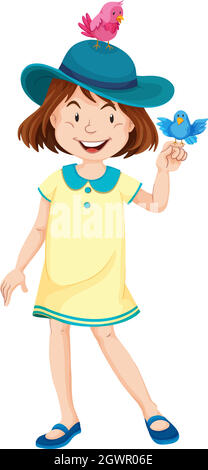 Petite fille en robe jaune et chapeau bleu Illustration de Vecteur