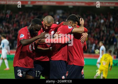 4 octobre 2021, Villeneuve d'Ascq, France : joie de Lille après leur premier but lors du championnat français de football Ligue 1 Uber Eats entre Lille OSC et Olympique de Marseille au stade Pierre Mauroy - Lille France.Lille a gagné 2:0 (Credit image: © Pierre Stevenin/ZUMA Press Wire) Banque D'Images