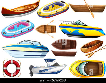 Ensemble de différents types de bateaux et navire isolé sur fond blanc Illustration de Vecteur