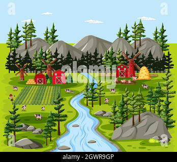 Nature de ferme avec scène de paysage de granges Illustration de Vecteur