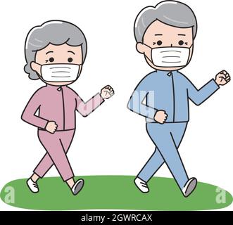 Le couple âgé marchant avec un masque.Illustration vectorielle sur fond blanc. Illustration de Vecteur