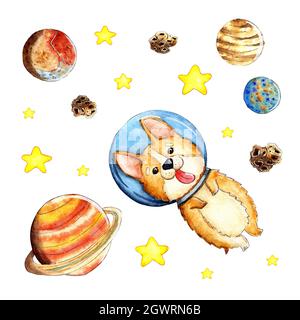 Illustration aquarelle d'un joli chien corgi rouge volant dans un casque dans l'espace. Galaxie stellaire, planètes et astoriodes. Une image sur un thème d'espace Banque D'Images