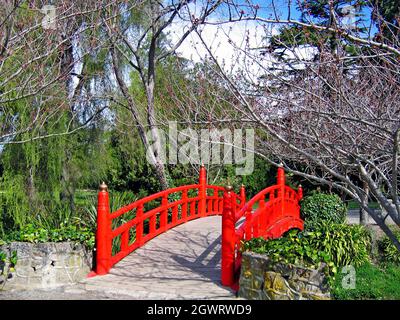 Le pont japonais rouge conçu par l'architecte Oamaru Ivan Steenson en 1929, a été inspiré par le pont Shinkyo du temple Nikko dans la préfecture de Tochigi au Japon. Le guezi, ou pont japonais, est une passerelle au-dessus de la crique d'Oamaru dans les jardins publics d'Oamaru. Les jardins de 34 hectares ont été ouverts au public en 1876. Banque D'Images