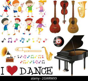 Kit d'instruments de musique avec chant et danse pour enfants Illustration de Vecteur