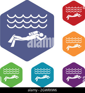 Scuba Diver homme en combinaison de plongée icons set Illustration de Vecteur