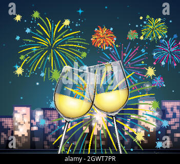 Arrière-plan avec deux verres de champagne et feux d'artifice Illustration de Vecteur