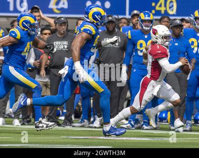 Inglewood, États-Unis. 03ème octobre 2021. Pendant la première moitié du match entre les Rams de Los Angeles et le Cardinal d'Arizona au SOFI Stadium d'Inglewood, Californie, le dimanche 3 octobre 2021. Les Cardinals d'Arizona ont battu les Rams de Los Angeles 37-20. Photo de Michael Goulding/UPI crédit: UPI/Alay Live News Banque D'Images