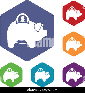 Cochon tirelire icons set Illustration de Vecteur