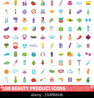 100 produits de beauté icons set, cartoon style Illustration de Vecteur