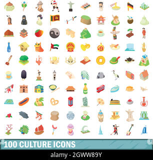 100 icônes de la culture, définir le style cartoon Illustration de Vecteur