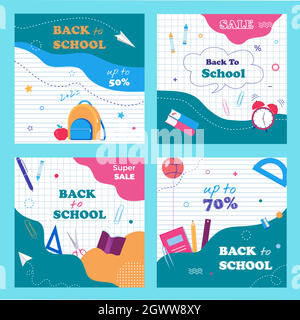Modèle de bannière pour la rentrée pour les médias sociaux, le Web et l'impression. Solde ensemble de prospectus avec un résumé moderne, un arrière-plan en papier de cahier et une illustration vectorielle des articles scolaires. Illustration de Vecteur