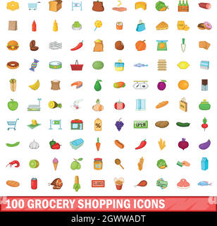 100 l'épicerie icons set, cartoon style Illustration de Vecteur