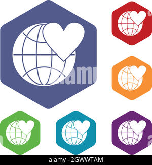 Globe terrestre avec coeur icons set Illustration de Vecteur