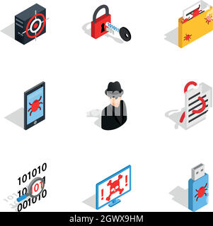 Icônes de Hacker, style 3D isométrique Illustration de Vecteur