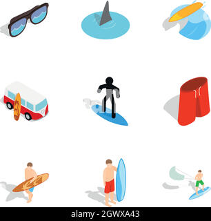 Symboles de Surf icons set, style 3D isométrique Illustration de Vecteur