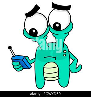 un grand extraterrestre aux yeux avec un visage maussade tient la télécommande Illustration de Vecteur