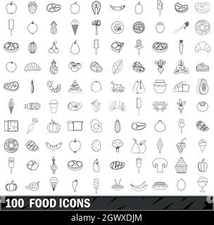 100 food icons set style du contour, Illustration de Vecteur