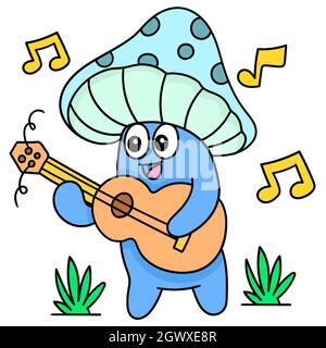 champignon avec un visage drôle souriant tout en chantant une chanson portant une guitare Illustration de Vecteur