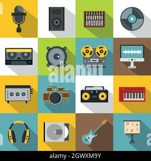 Studio d'enregistrement articles icons set, style plat Illustration de Vecteur