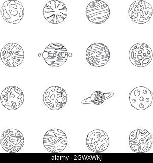 Planètes fantastique icons set style du contour, Illustration de Vecteur