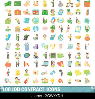 100 contrat de travail, l'ensemble des icônes de style cartoon Illustration de Vecteur