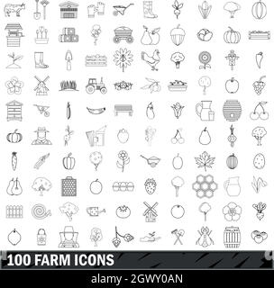 100 icons set ferme style du contour, Illustration de Vecteur