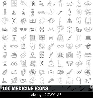 Médecine 100 icons set style du contour, Illustration de Vecteur